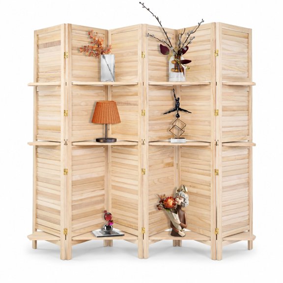 6 Panel Wooden Folding Room Divider with Shelves, 6 FT Tall Freestanding Privacy Screens, Indoor Room Partition Wall, Hinged Space Separator (Natural)