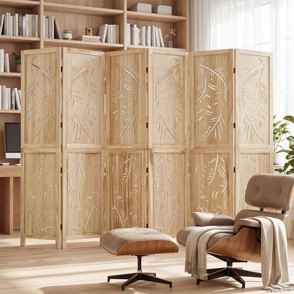 6‑Panel Wooden Room Divider, Palm Leaf Pattern Folding Privacy Screen, Paulownia Wood Frame, Boho‑Tropical Decor for Home, Apartment, Dorm