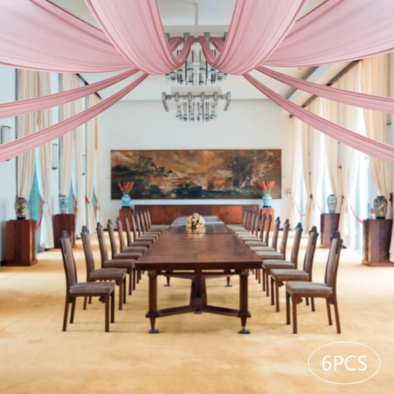 6 Panels 5ftx20ft Chiffon Ceiling Drapes,Arch Arbor Backdrop Fabric Curtains for Wedding Party Ceremony Sheer Swag Stage DIY Tent Decoration (Dark Rose)