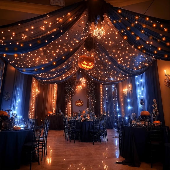 6 Panels Black Ceiling Drapes with Lights for Weddings Tent Draping 5ftx10ft Wedding Photo Backgrounds Sheer Curtains Tulle Drapery Decorations Party Ceremony Stage Swag