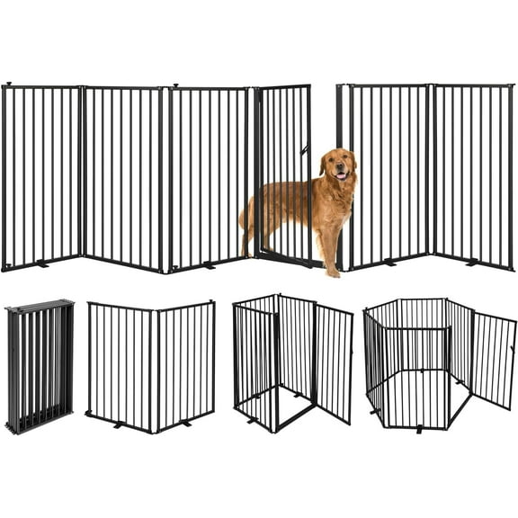 6 Panels Metal Freestanding Dog Gates with Door,120''W Detachable Foldable Dog Fence Indoor Outdoor Puppy Gate, 32''H Free Standing Tall Pet Gate for Doorways,House,Stairs,Porch,Deck,Yard