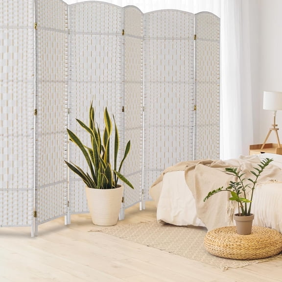 6-Panels Tall Rattan Room Divider, 6 FT Folding Privacy Screen, Indoor Partition Wall Dividers, Freestanding Hinged Space Separator (White)