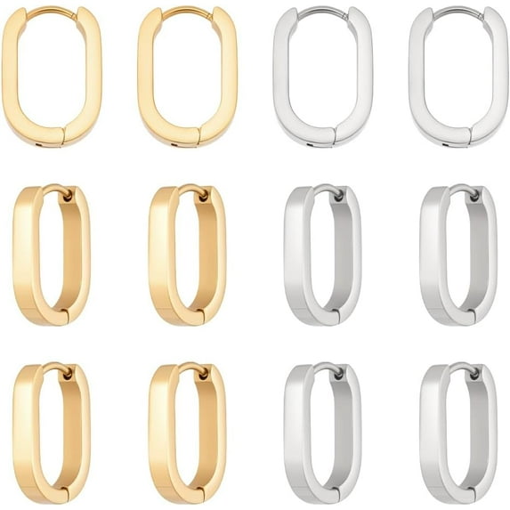 6 Paris 2 Colors Stainless Steel Huggie Hoop Earrings 17mm Long Oval Endless Hoop Earrings Small Sleeper Piercing Earring Set for DIY Women DIY Jewelry Making