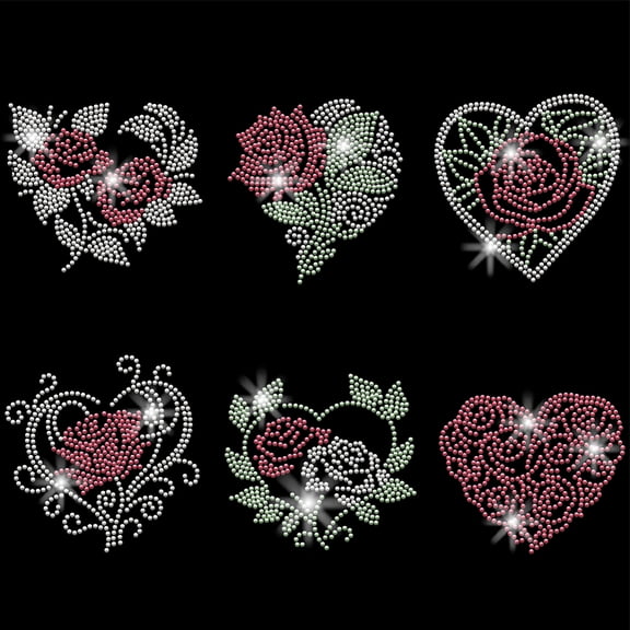6 Patterns Rose Heart Iron on Rhinestones Transfer Heart Iron-on Decals T-Shirt Heat Transfer Hot Fix Crystals
