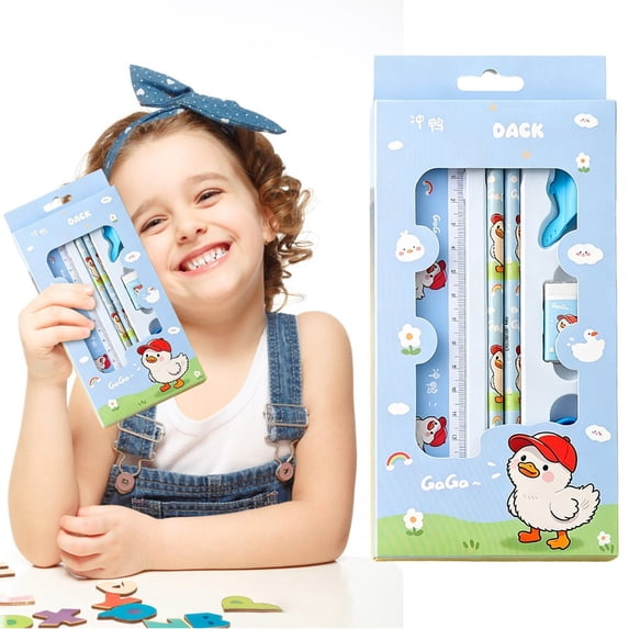 6 Pc Cute Duck Themed Stationery Set, Kawaii Desk Supplies, Blue Cartoon Writing Kit, All-in-One Writing Tools with Pencils, Pencil Grip, Ruler, Eraser & Sharpener, Portable Office & Daily Use