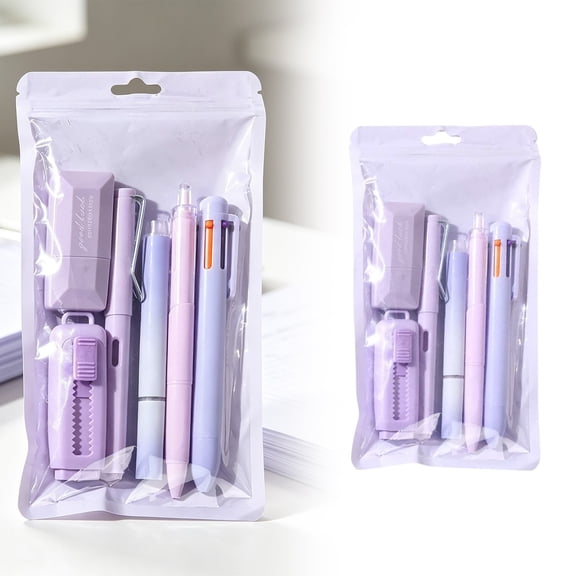 6 Pc Cute Pink Stationery Set, Kawaii Desk Supplies, All-in-One Writing Tools with Multi-color Pen, Gel Pen, Highlighter, Correction Tape and Eraser, Portable Office & Daily Use, Purple