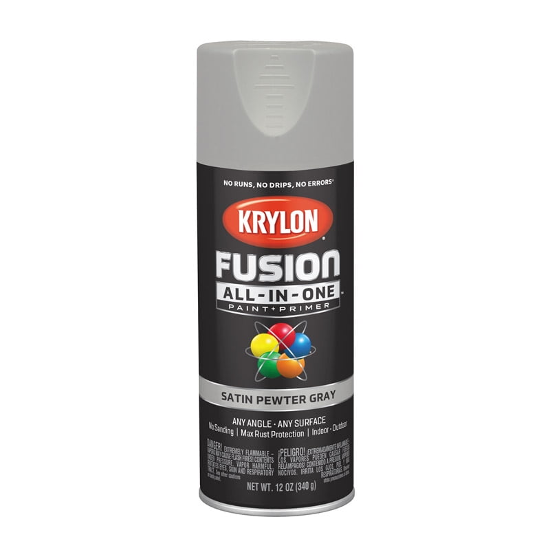 6 Pc, Krylon Fusion All-In-One Satin Pewter Gray Paint+Primer Spray Paint 12 Oz