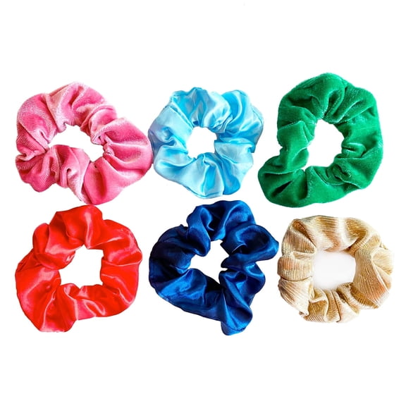 6 Pc. Rainbow Scrunchie Set - Ruched Gold Shimmer, Velvet & Satin Stackable Hair Ties for Ponytail or Bun, Fun Everyday Accessory for Women and Girls