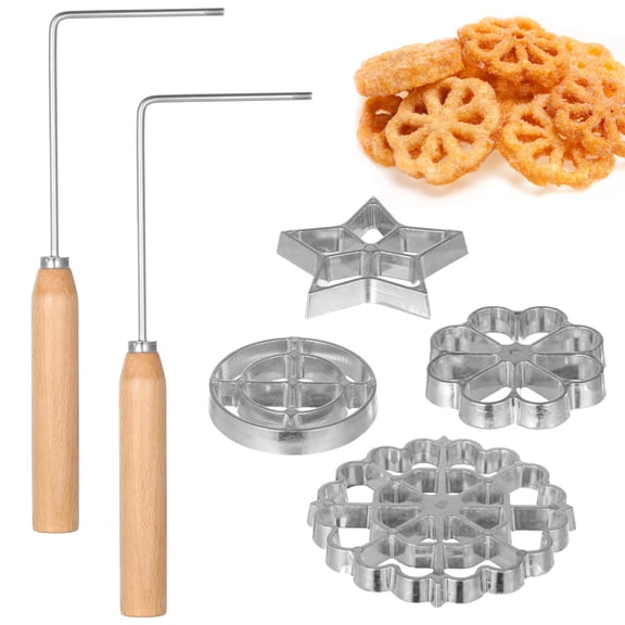 6 Pc Rosette Iron Set, Bunuelos Molds with Wood Handles, 4 Shapes Waffle Makers Kit, Lotus Flower Aluminum Alloy Cake Molds, DIY Kitchen Baking Tools