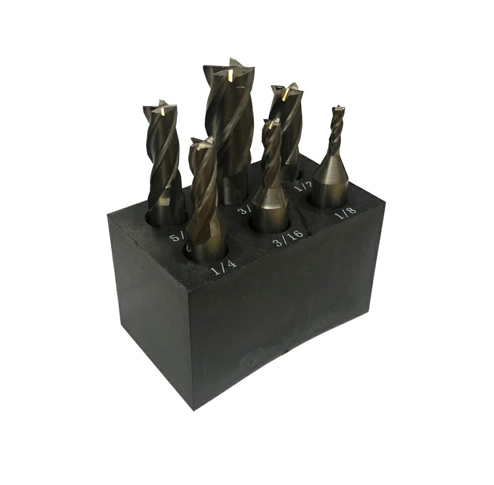 6 Pc Set High Speed Steel 4 Flute End Mill 3/8" Shank 1/8" - 1/2" Right Hand