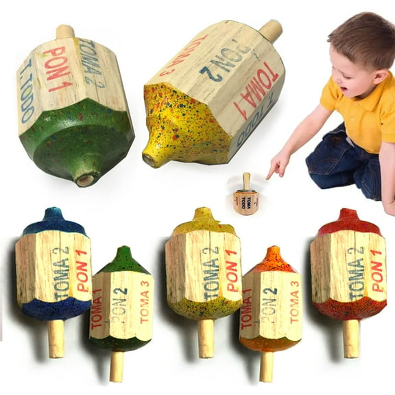 6 Pc Traditional Mexican Spinner Pirinola Toma Todo Game Spinning Wooden Top Toy