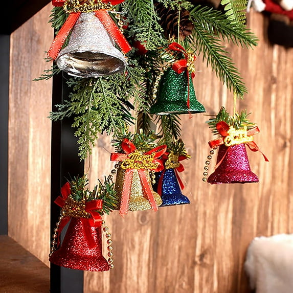 6 Pc Wall Window Fireplace Christmas Bells Decoration with Bow Ribbon