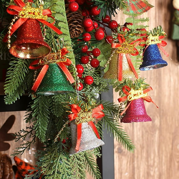 6 Pc Wall Window Fireplace Christmas Bells Decoration with Bow Ribbon