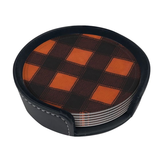 6 Pce Leather Coasters 3.9in With Coasters Storage Box Antifouling And Antiscalding For Dining Room Kitchen Office Bedroom Living Room Argyle Plaid Darkorange_2
