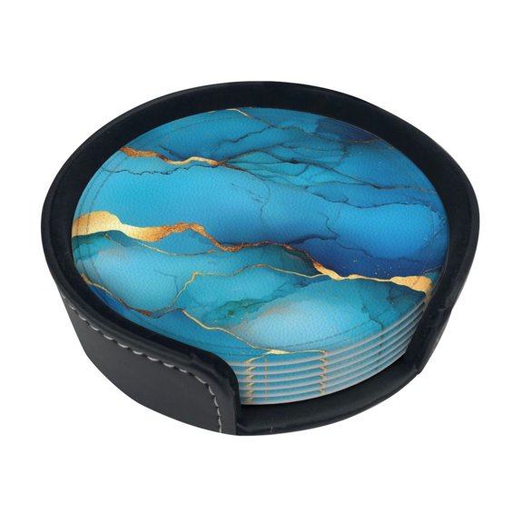 6 Pce Leather Coasters 3.9in With Coasters Storage Box Antifouling And Antiscalding For Dining Room Kitchen Office Bedroom Living Room Blue Gold Marble
