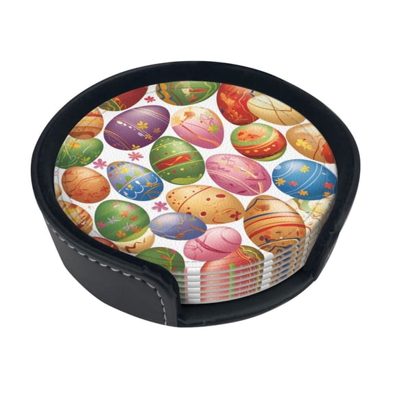 6 Pce Leather Coasters 3.9in With Coasters Storage Box Antifouling And Antiscalding For Dining Room Kitchen Office Bedroom Living Room Colorful Easter Eggs Cartoon