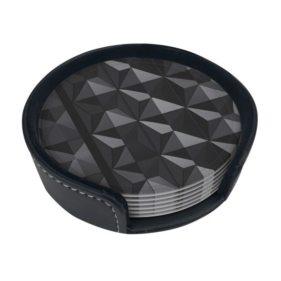 6 Pce Leather Coasters 3.9in With Coasters Storage Box Antifouling And Antiscalding For Dining Room Kitchen Office Bedroom Living Room Dark Gray Geometric Patterns_1 (2)