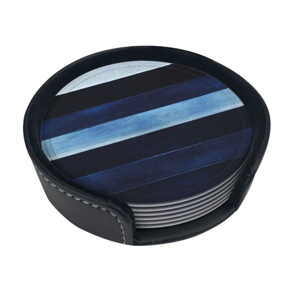 6 Pce Leather Coasters 3.9in With Coasters Storage Box Antifouling And Antiscalding For Dining Room Kitchen Office Bedroom Living Room Darkblue Stripe_4