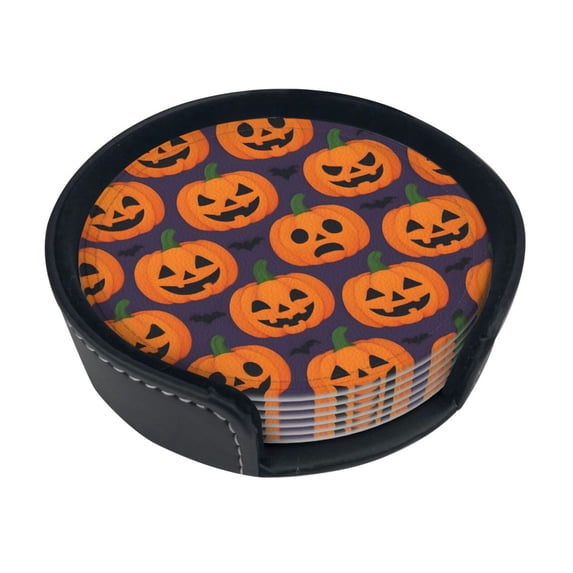 6 Pce Leather Coasters 3.9in With Coasters Storage Box Antifouling And Antiscalding For Dining Room Kitchen Office Bedroom Living Room Jack-O'-Lantern Halloween Pattern