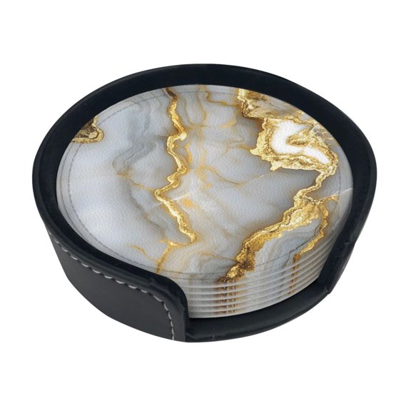 6 Pce Leather Coasters 3.9in With Coasters Storage Box Antifouling And Antiscalding For Dining Room Kitchen Office Bedroom Living Room Marble White Yellow