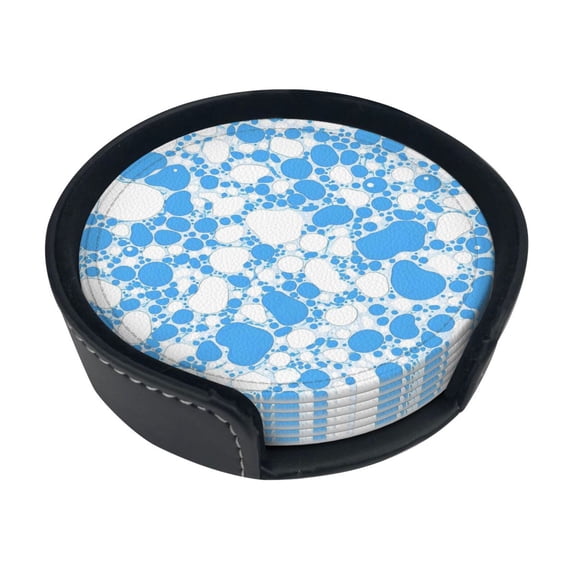 6 Pce Leather Coasters 3.9in With Coasters Storage Box Antifouling And Antiscalding For Dining Room Kitchen Office Bedroom Living Room Milk Cow Skin Print Style Powderblue_4
