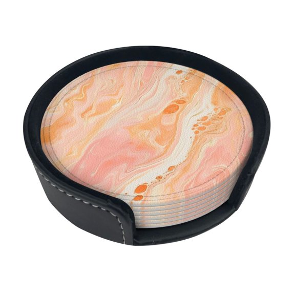 6 Pce Leather Coasters 3.9in With Coasters Storage Box Antifouling And Antiscalding For Dining Room Kitchen Office Bedroom Living Room Peachpuff Marble_2