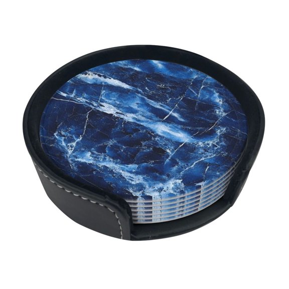 6 Pce Leather Coasters 3.9in With Coasters Storage Box Antifouling And Antiscalding For Dining Room Kitchen Office Bedroom Living Room Royalblue Marble_1