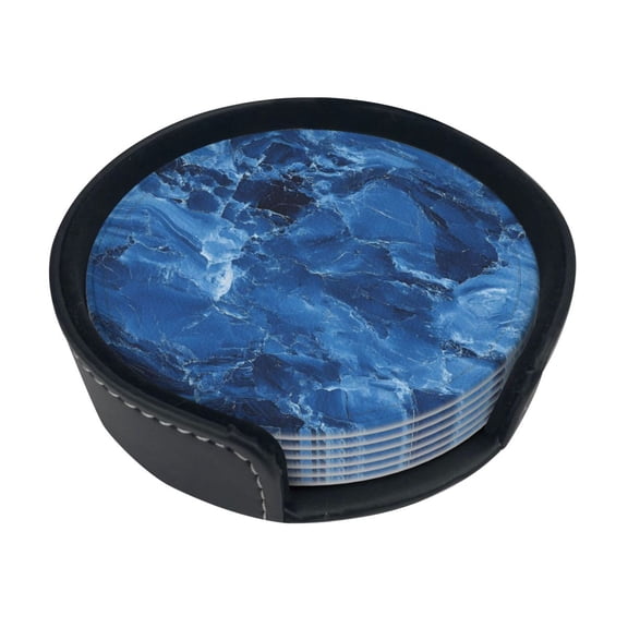 6 Pce Leather Coasters 3.9in With Coasters Storage Box Antifouling And Antiscalding For Dining Room Kitchen Office Bedroom Living Room Royalblue Marble_3