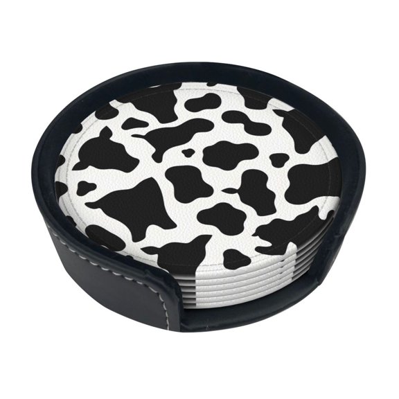 6 Pce Leather Coasters 3.9in With Coasters Storage Box Antifouling And Antiscalding For Dining Room Kitchen Office Bedroom Living Room Simple Cow Print Pattern, Vector Art Style_4