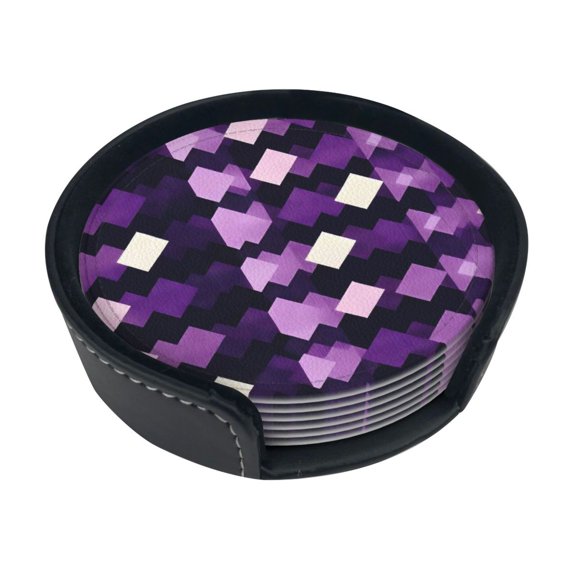 6 Pce Leather Coasters 3.9in With Coasters Storage Box Antifouling And Antiscalding For Dining Room Kitchen Office Bedroom Living Room Violet Retro Houndstooth_1