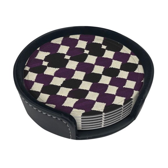 6 Pce Leather Coasters 3.9in With Coasters Storage Box Antifouling And Antiscalding For Dining Room Kitchen Office Bedroom Living Room Violet Retro Houndstooth_3