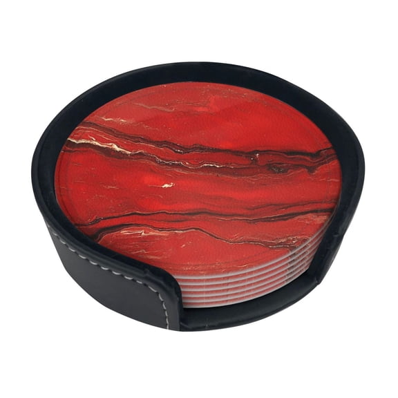 6 Pce Leather Coasters 3.9in With Coasters Storage Box Antifouling And Antiscalding For Dining Room Kitchen Office Bedroom Living Room Red Marble_2