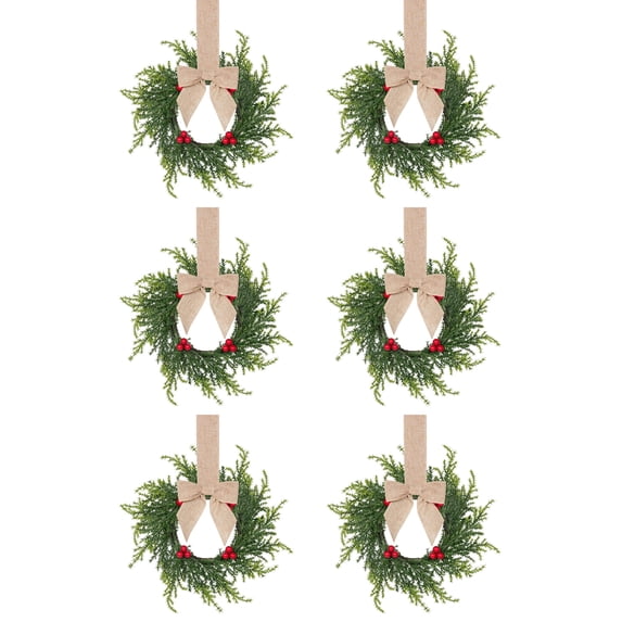 6 Pcs 10.6 Inch Mini Christmas Cabinet Wreath Set, Artificial Norfolk Pine Wreaths with Red Berries & Soft Muted Khaki Bow, Greenery Hanging Decor for Kitchen Window Wall Porch Warm Neutral Xmas