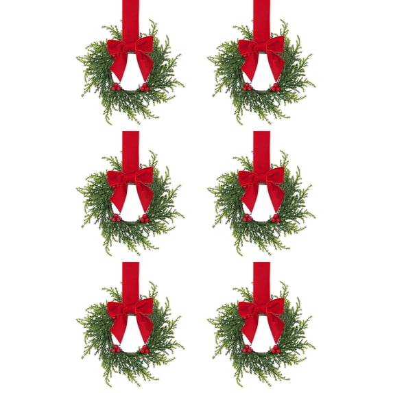 6 Pcs 10.6 Inch Mini Christmas Cabinet Wreaths, Artificial Norfolk Pine Small Wreath Set, Farmhouse Greenery Hanging Wreath for Kitchen Cabinet Front Door Window Wall Holiday Decor