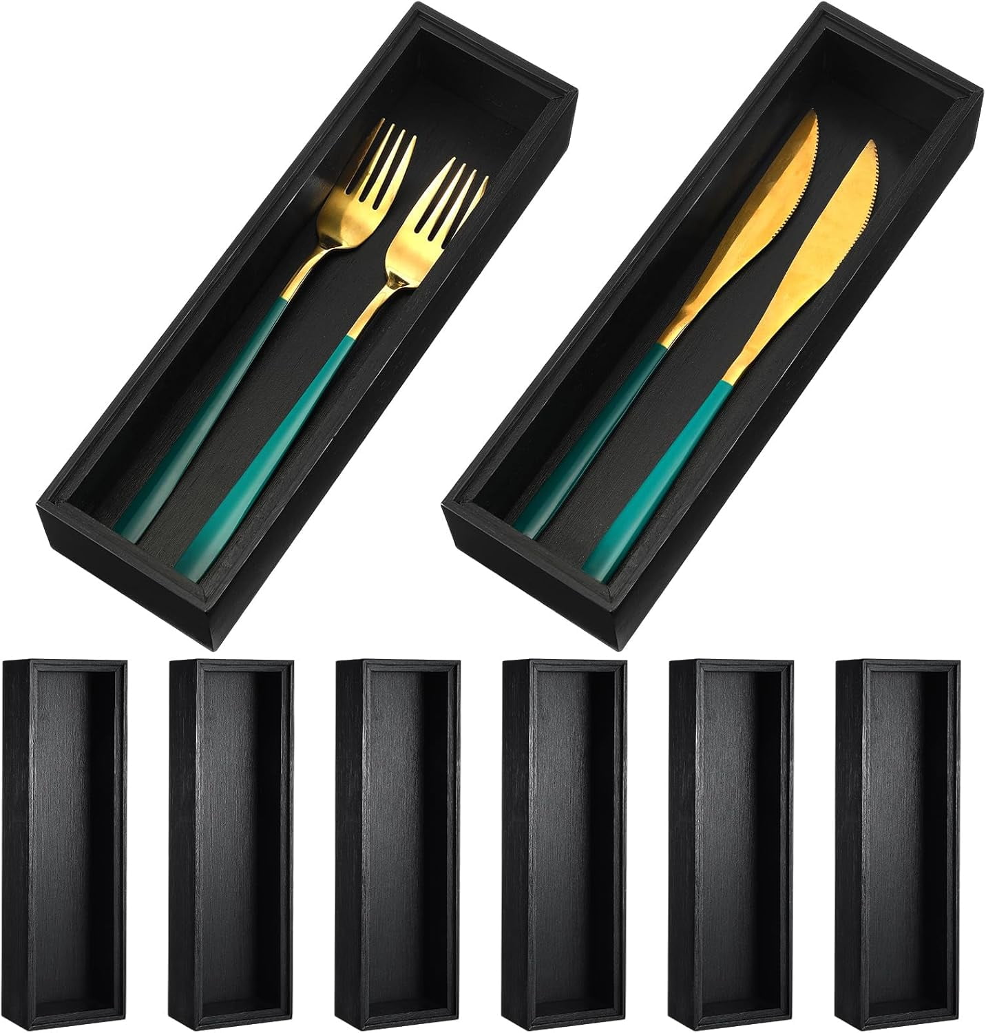 6 Pcs 10 x 3 x 2'' Bamboo Drawer Organizer Black Stackable Utensil Silverware Holder Wooden Tray Drawer Dividers Boxes Spoon Storage Organizer for Kitchen Office Bathroom Cabinet Jewelry