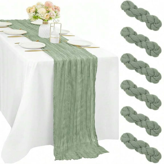 6 Pack Sage Green Cheesecloth Table Runners 35 x 120 Inch (10FT) – Boho Rustic Gauze Table Decor, Semi-Sheer Fabric Runner for Wedding, Baby Shower, Birthday Party & Event Decorations