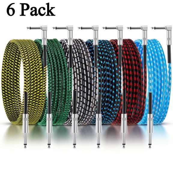 6 Pcs 10ft Guitar Cable 1/4 Inch Instrument Cable Set, Right Angle Audio Cord for Electric Guitar Bass Keyboard Amplifier, Copper Core Noise Resistant Guitar Patch Cable for Stage Studio Recording