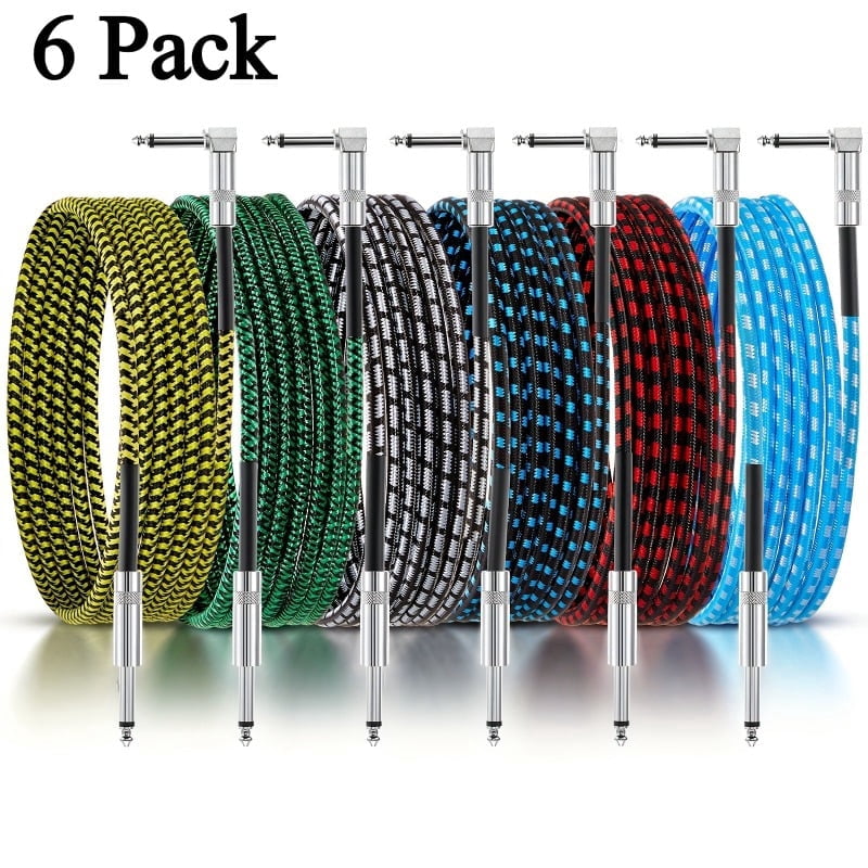 6 Pcs 10ft Guitar Cable 1/4 Inch Instrument Cable Set, Right Angle Audio Cord for Electric Guitar Bass Keyboard Amplifier, Copper Core Noise Resistant Guitar Patch Cable for Stage Studio Recording