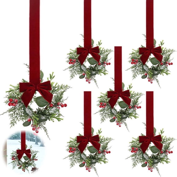 6 Pcs 11.81" Mini Christmas Wreaths with Red Ribbon Bows and Berry Pinecone for Holiday Home Decor