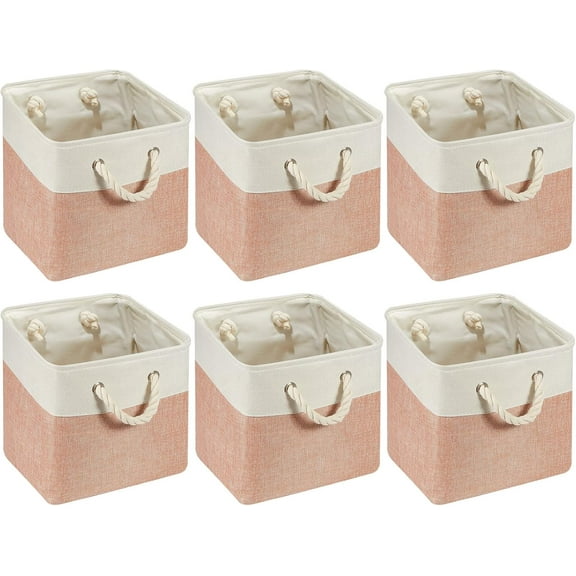 6 Pcs 11 x 11 Inch Cube Storage Bins Fabric Cube Storage Organizer Bins Foldable Storage Cube Baskets with Sturdy Carry Handles Multipurpose Storage Cube for Home (Orange Pink and White)