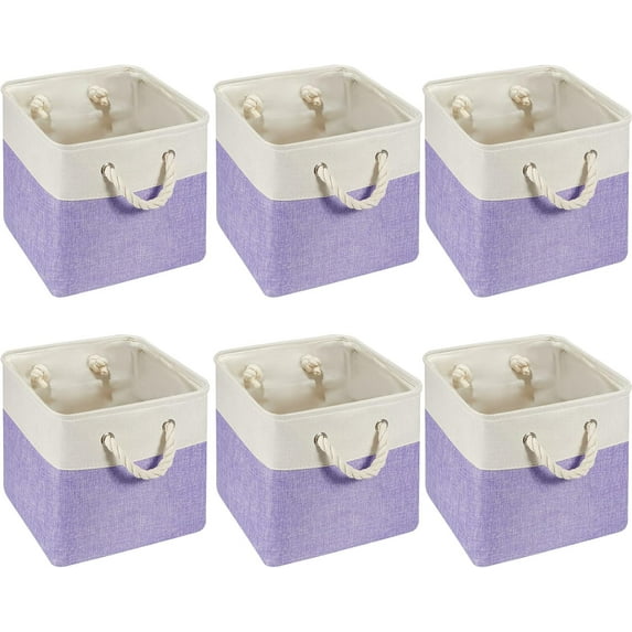 6 Pcs 11 x 11 Inch Cube Storage Bins Fabric Cube Storage Organizer Bins Foldable Storage Cube Baskets with Sturdy Carry Handles Multipurpose Storage Cube for Home (White, Purple)