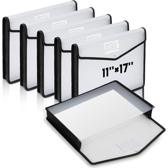 6 Pcs 11 x 17 Inch Expandable Tabloid Size Document Folder Organizers with Snap Closure & Label, Clear Plastic Expanding File Folder for A3 Ledger Size Plots Charts (Black)