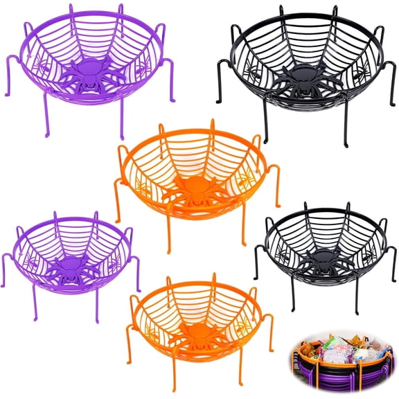 6 Pcs 12.2 Inch Large Size Halloween Candy Bowls, Spider Web Basket Halloween Decorations Black Orange Purple Halloween Basket Trick Or Treat Halloween Party Supplies Favors Table Desk Decor
