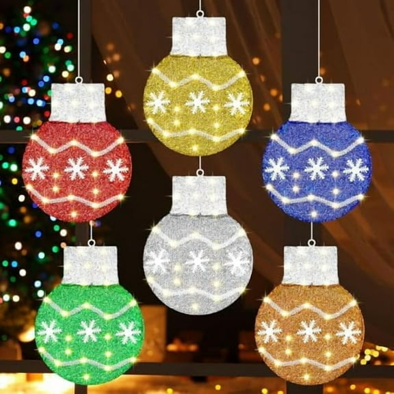 6 Pcs 12 Inch Christmas Window Silhouette Lights Decorations Christmas Ball Lights Wreath Large Metal Window Decor LED Battery Operated with Suction Cup for Xmas Window Glass Wall Decor