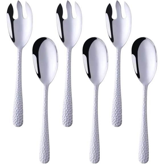 6 Pcs 12-Inch Salad Serving Set, 3 Salad Spoons 3 Salad Forks, Stainless Steel Hammered Surface, Large Flatware Set by ABPETE