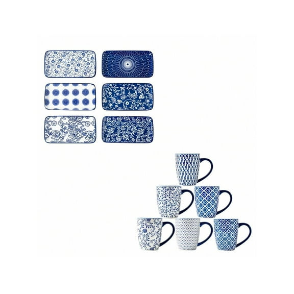 6 Pcs / 12 Pcs Ceramic Dinnerware - 16 Oz Coffee Mugs And 8.3 Inch Rectangle Plates Sets - Service For 6 - Valentine's Day, Christmas, Parties, Weddings, Housewarming - Vintage Blue