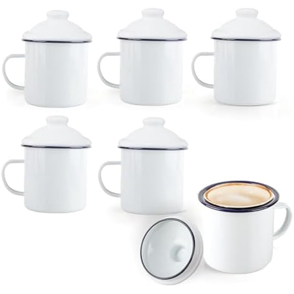 6 Pcs 12 oz Enamel Camping Mugs with Lid, 370 ml Enamelware Tea Mug with Handle, Enamel Metal Mugs for Coffee (White/Blue Rim)$$Sport & Recreation Other