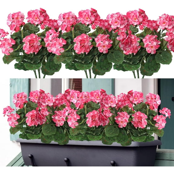 6 Pcs 14'' Artificial Geranium Silk Flower Outdoor UV Resistant Garden Plants Bush Faux Flowers for Home Wedding Kitchen Table Centerpieces Decor (Pink)