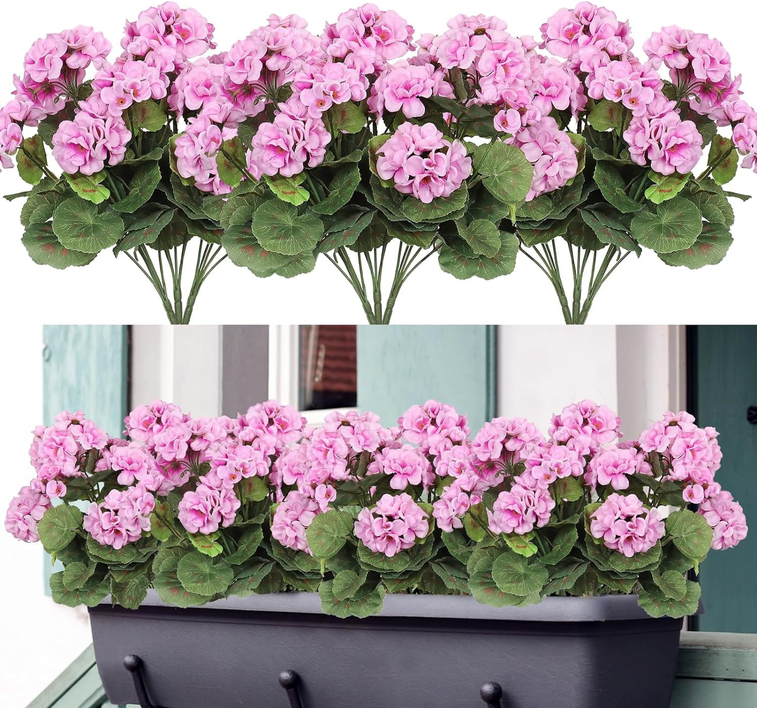 6 Pcs 14'' Artificial Geranium Silk Flower Outdoor UV Resistant Garden Plants Bush Faux Flowers for Home Wedding Kitchen Table Centerpieces Decor(Purple Pink)