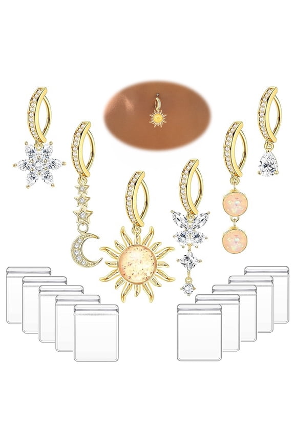6 Pcs 14G Clicker Belly Button Ring for Women With Storage Bag, Surgical Steel Butterfly Snake Evil Eye Heart CZ Opal Gold Dangle Belly Button Rings